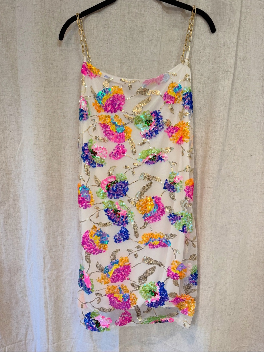 Multicolor Sequin Floral Mini Dress with Gold Chain Straps